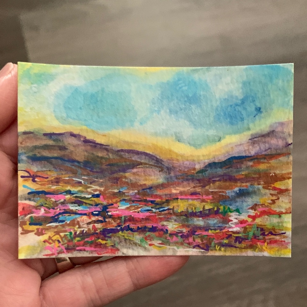 ACEO Original Hand-Painted Landscape Mini Art  in Blue, Yellow, Pink and Purple